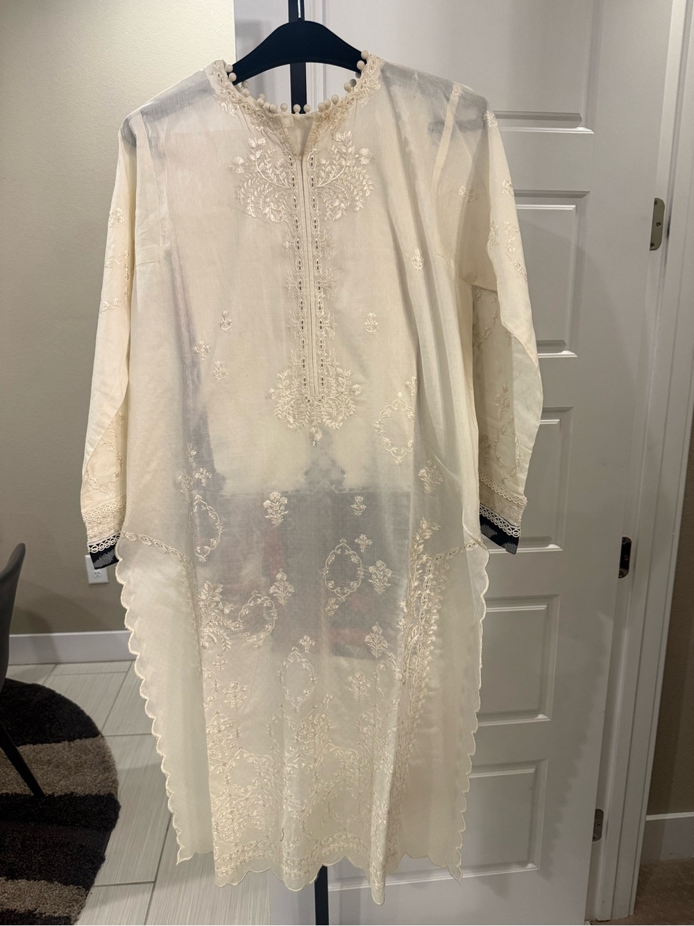 Embroidered Cream Long Sleeve Women's Dress